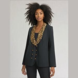 Betsy Lauren VTG Black Double Breasted Animal Print Faux Fur Collar Blazer 14P